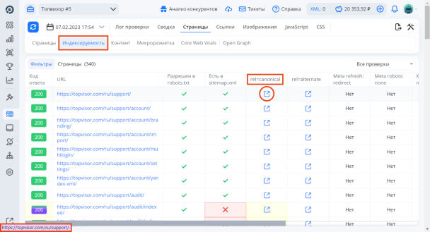 Отображение канонических URL в инструменте &laquo;Анализ сайта&raquo; Топвизора