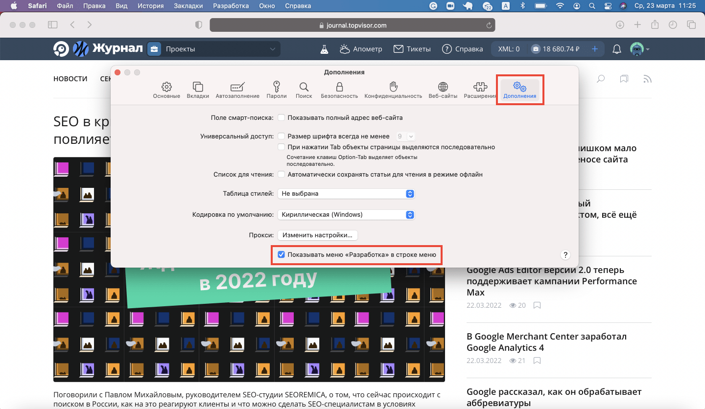 Включение меню разработчика в Safari