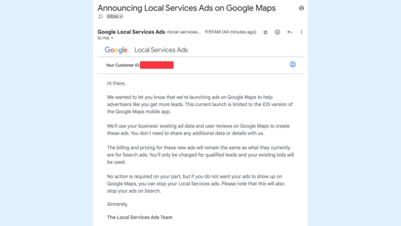 Уведомление об интеграции рекламы в Google Maps. Источник: SER