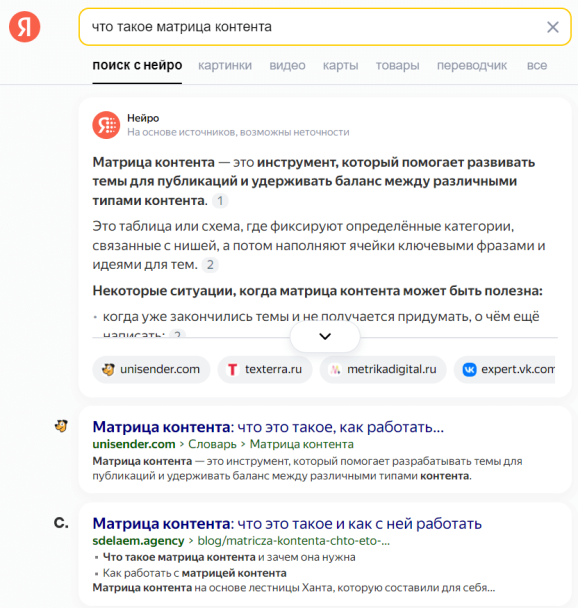 Выдача по запросу «что такое матрица контента»