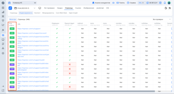 Проверка индексации в «Анализе сайта» в Топвизоре
