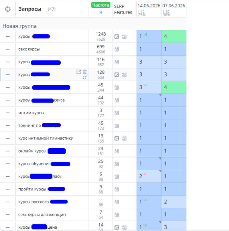 Скриншот в Топвизоре текущих позиций проекта по сексуальному образованию после работы Art France 