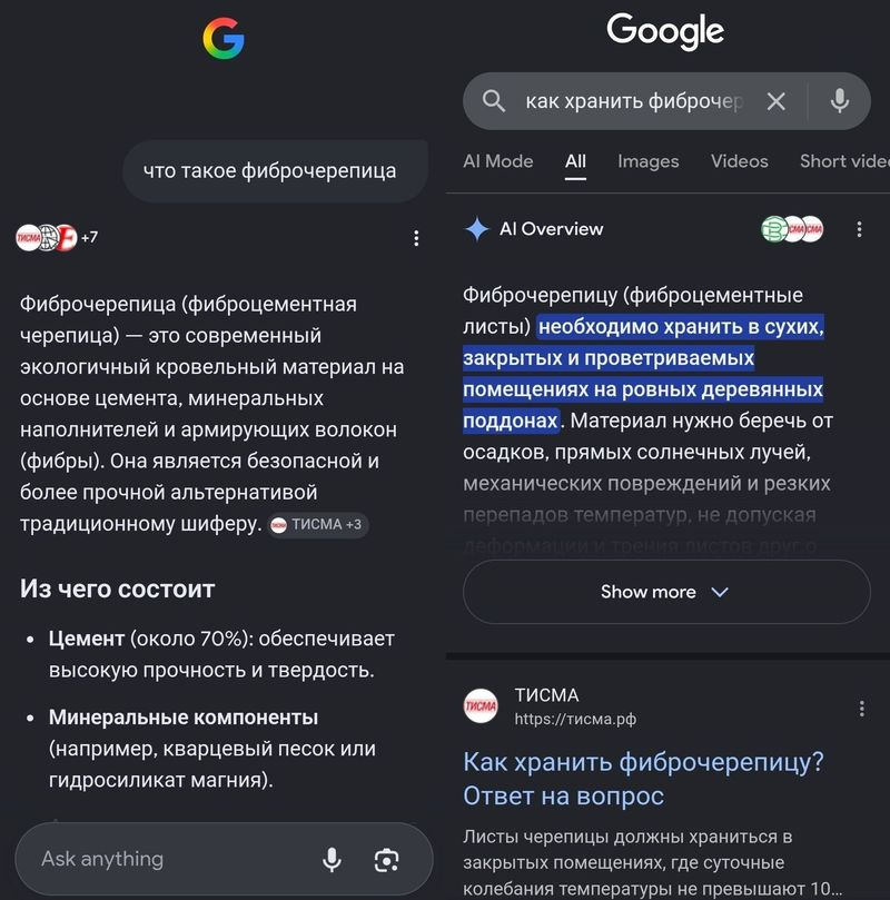 Запросы в&nbsp;Google&nbsp;(&ldquo;как&nbsp;хранить фиброчерепицу&rdquo;, &ldquo;что&nbsp;такое фиброчерепица&rdquo;)