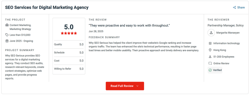 Отзыв на Clutch. Если агентство говорит, что работает на международном рынке, то и это должны подтверждать кейсы и отзывы. Отзывы на Clutch также проходят серьёзную модерацию