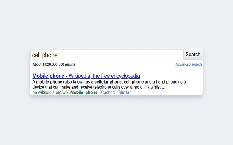 При&nbsp;поиске &laquo;cell phone&raquo; Google успешно отдаёт релевантную страницу &mdash; Mobile phone