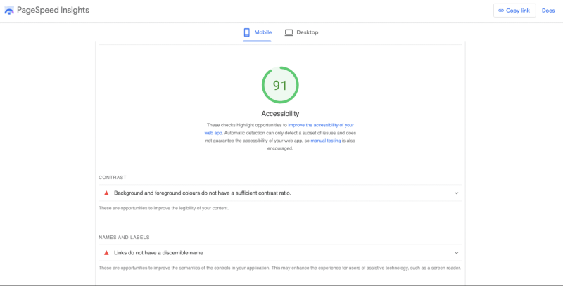 Раздел  &laquo;Доступность&raquo; PageSpeed Insights