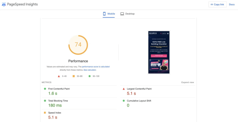 Раздел &laquo;Производительность&raquo; PageSpeed Insights
