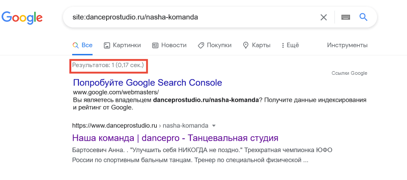 Пример проверки индексации сайта в Google