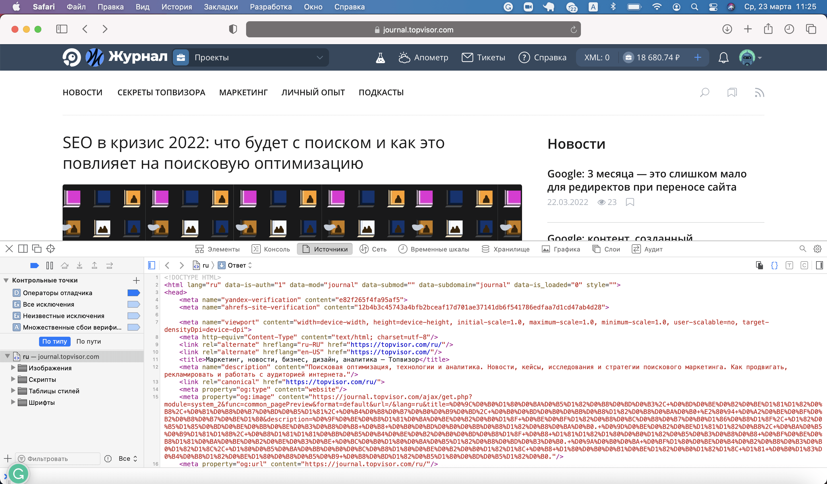 Код страницы в Safari