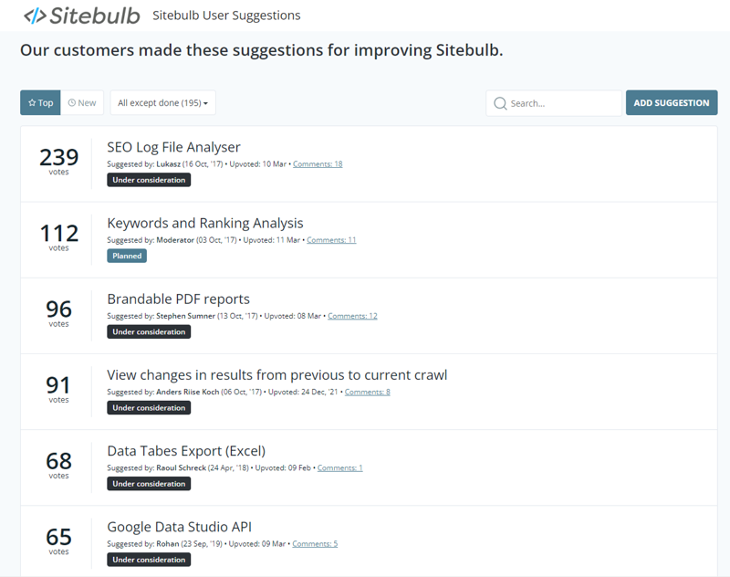Список запросов на добавление функциональных возможностей в Sitebulb