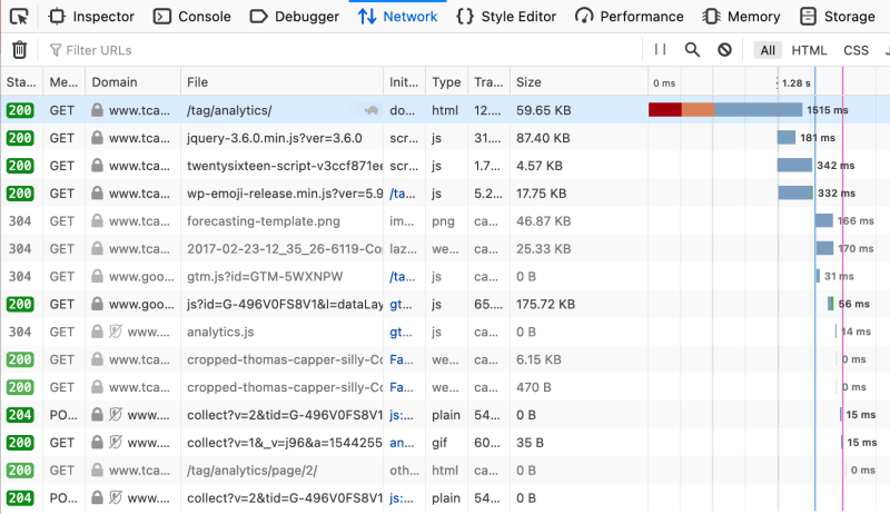 Вкладка Network в браузере Mozilla Firefox