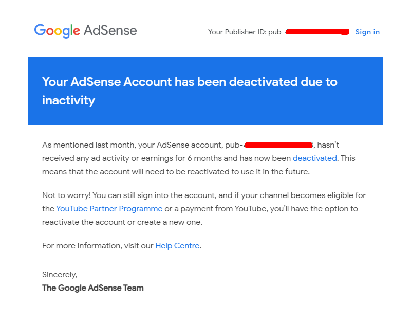 Письмо о деактивации аккаунта AdSense