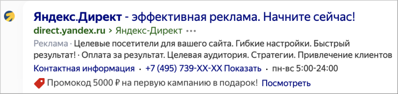 Сниппет с промоакцией в Яндекс.Поиске