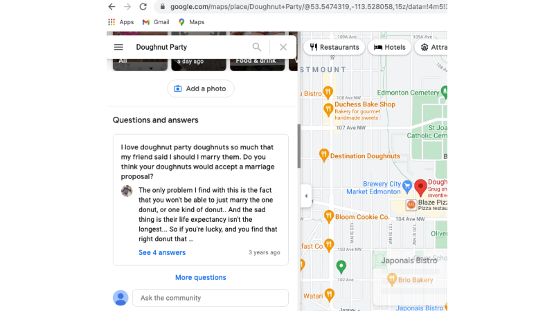 Пример вопросов и ответов в Google Карта