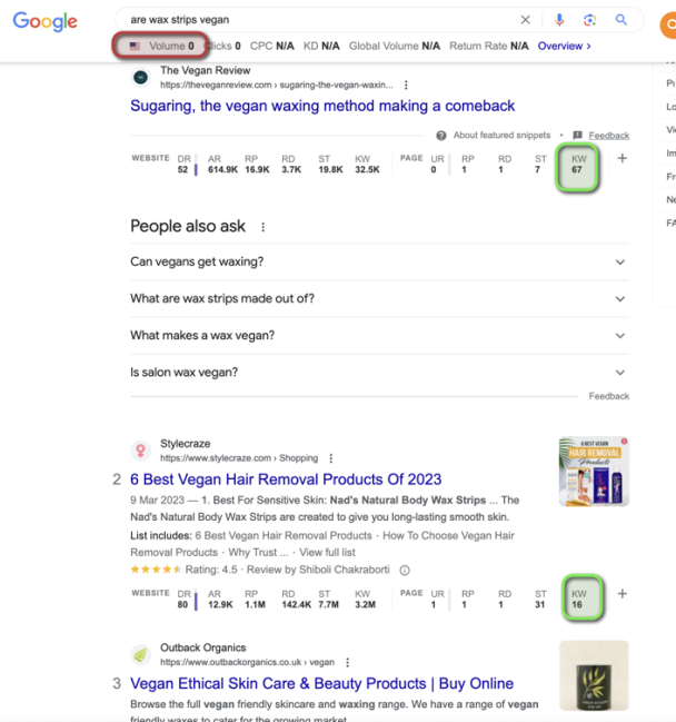 Поисковые результаты Google по запросу [are wax strips vegan] («подходят ли восковые полоски веганам»), май 2023 года
