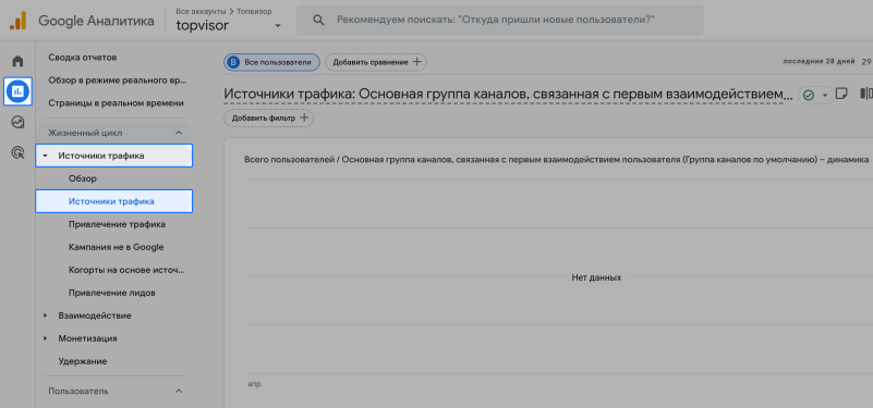 Открываем раздел «Отчёты», затем — «Источники трафика»