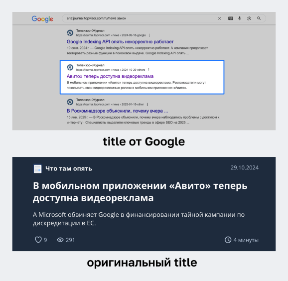 Оригинальный тайтл и тайтл от Google