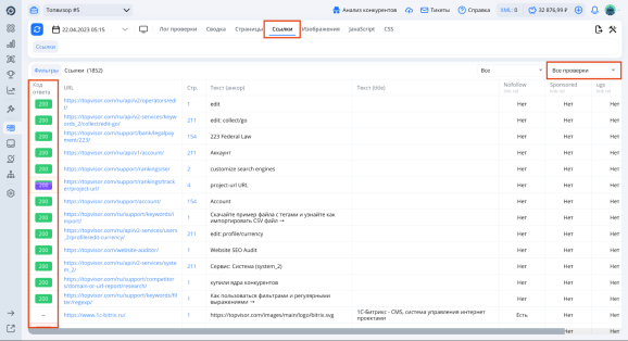Коды ответа в «Анализе сайта»
