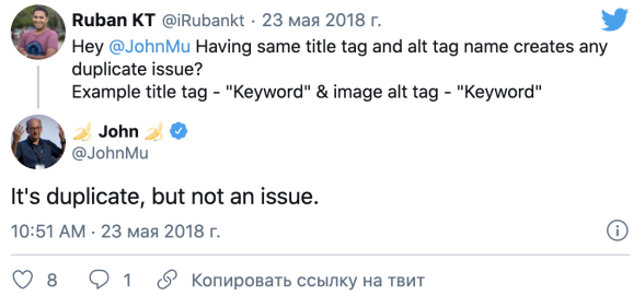 Ответ Джона Мюллера про дублирующиеся title и alt